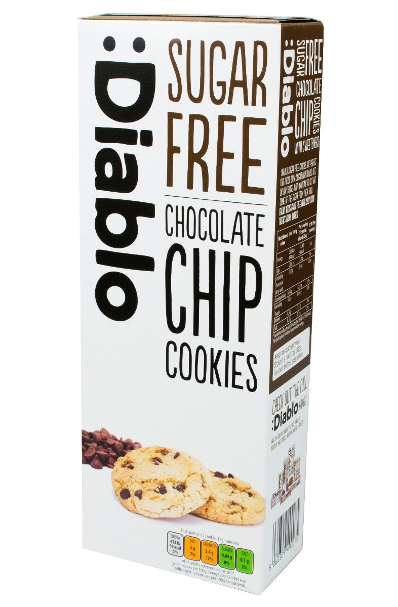 Box of Diablu sugar-free chocolate chip cookies on a white background
