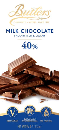 Butlers milk chocolate bars with branding and product details on a white background