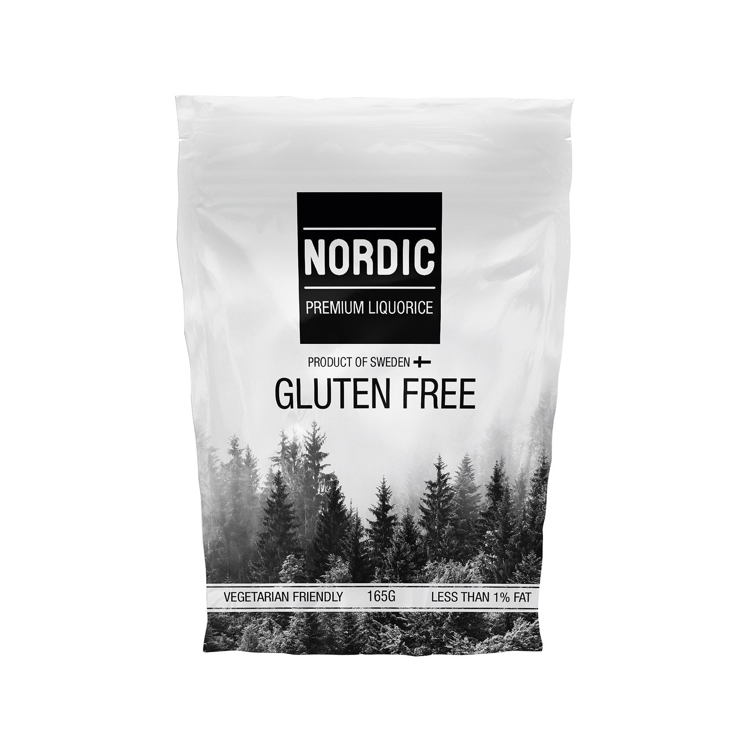 Nordic Premium Liquorice gluten-free product packaging with a forest design.