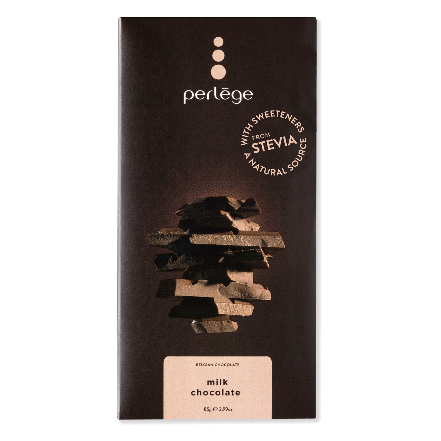 Perlege milk chocolate bar packaging with stevia information on a white background