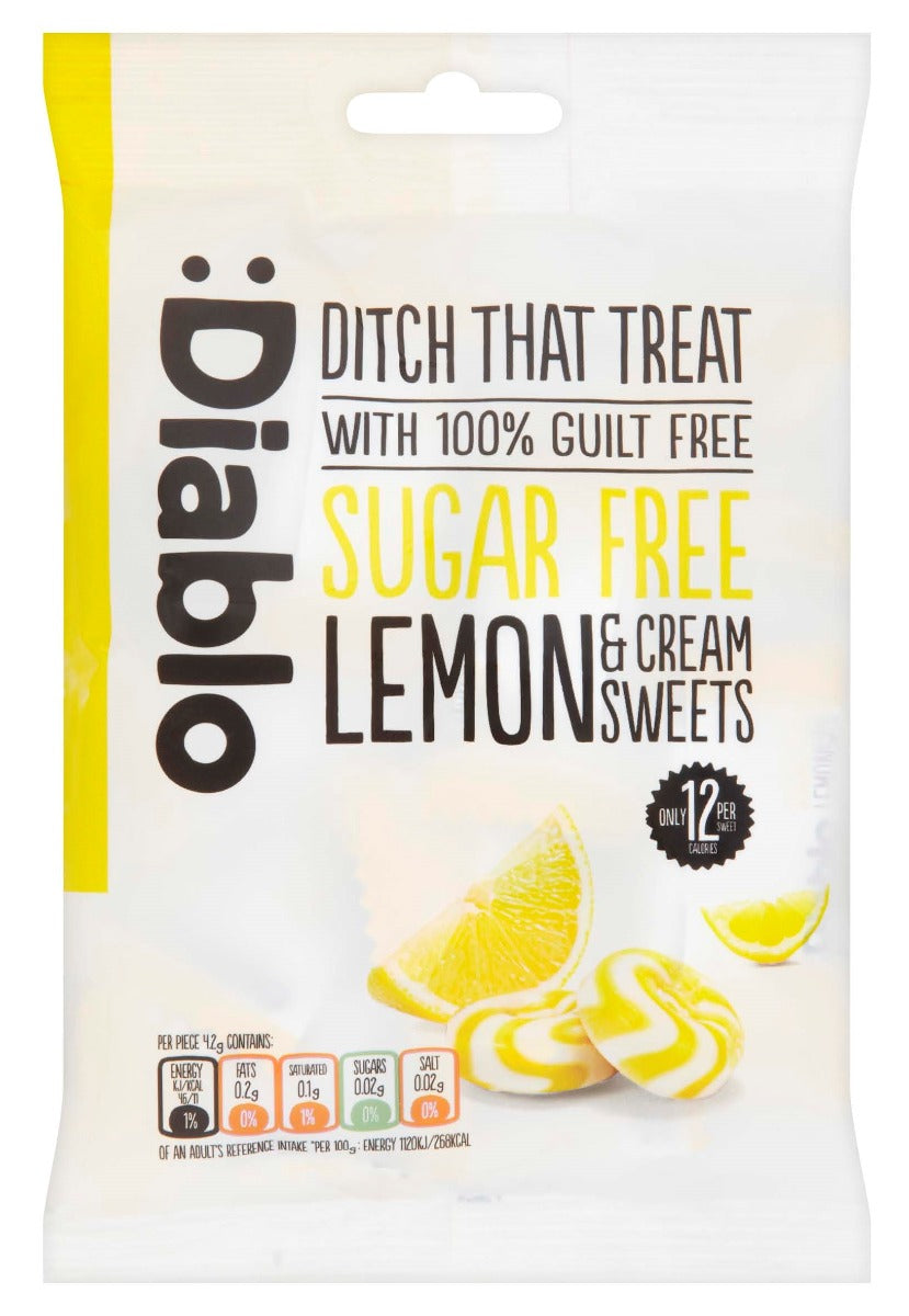 Diablo sugar-free lemon and cream sweets packaging on a white background
