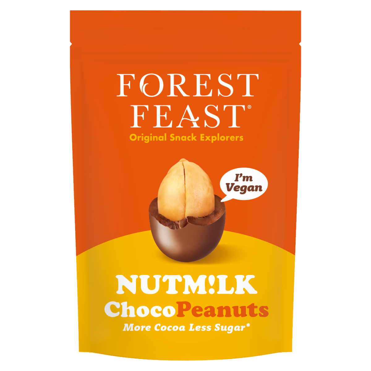 Packaging of Forest Feast Nutm!lk Choco Peanuts with a vegan label on an orange and yellow background.