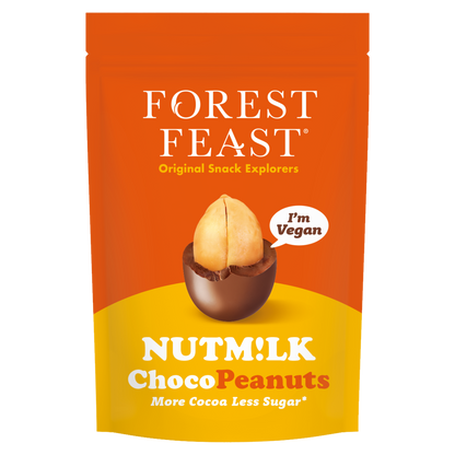 Packaging of Forest Feast Nutm!lk Choco Peanuts with a vegan label on an orange and yellow background.