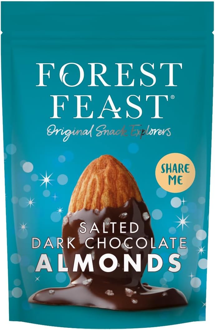 Packaging of Forest Feast salted dark chocolate almonds on a blue background