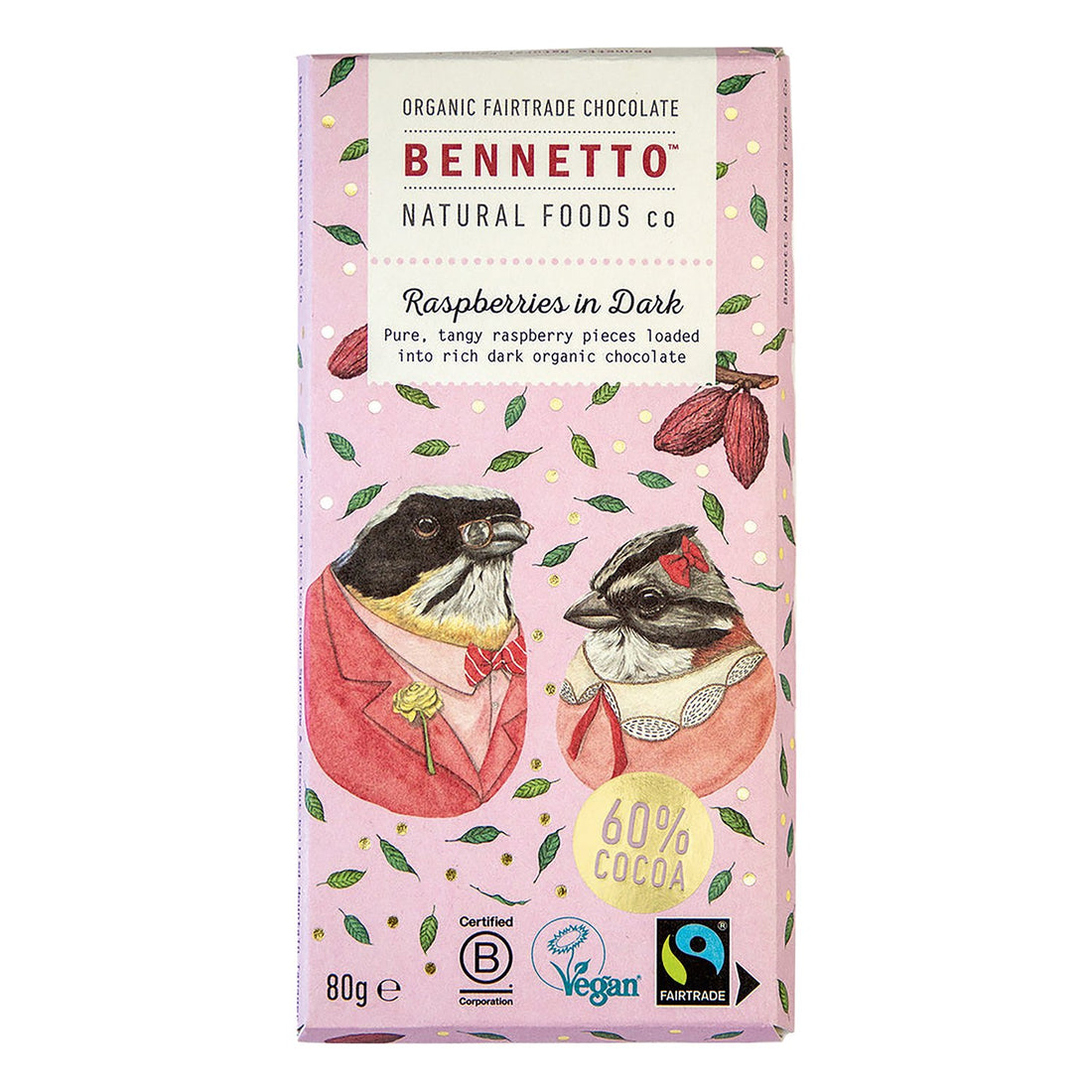 Bennetto chocolate bar packaging with illustrations of birds on a pink background
