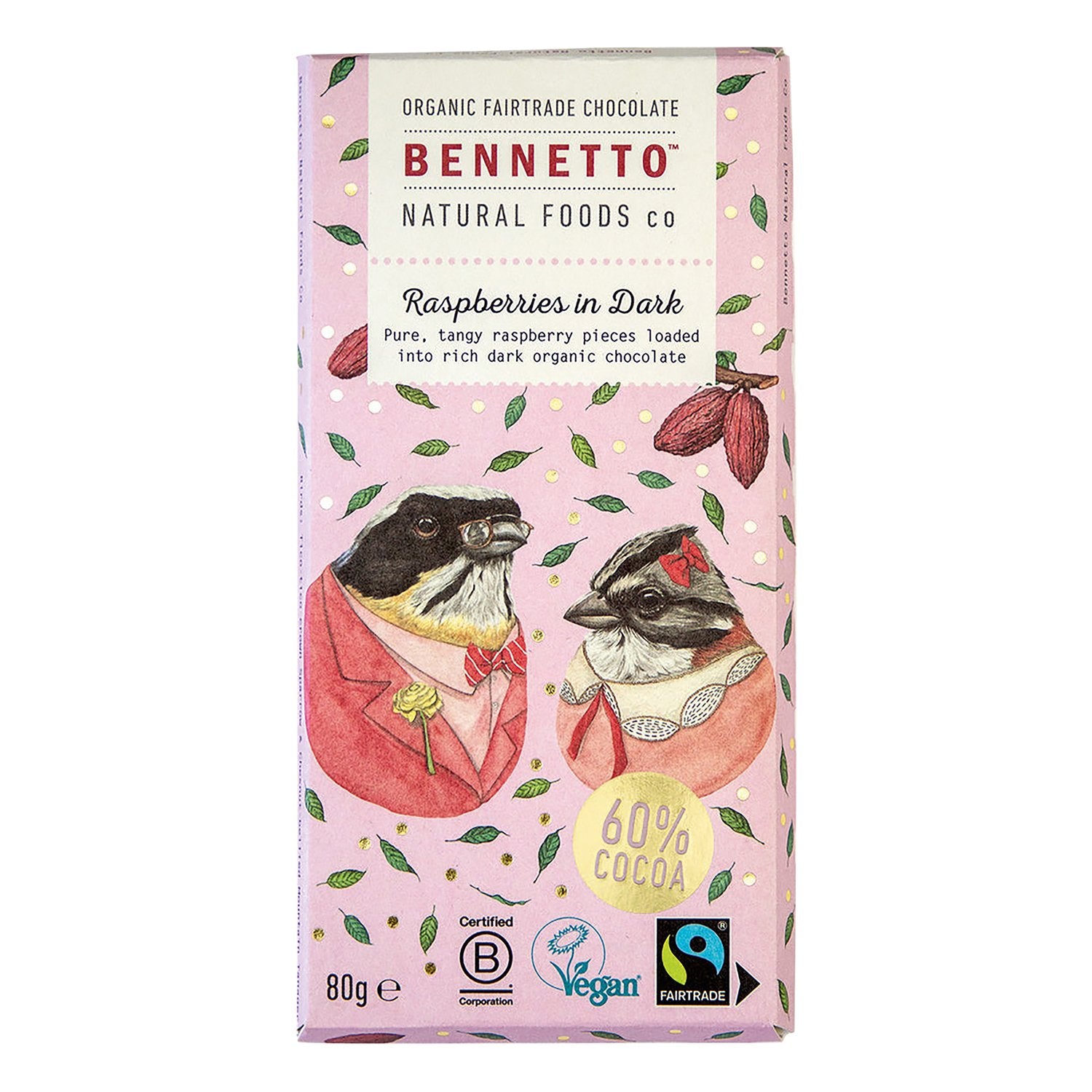 Bennetto chocolate bar packaging with illustrations of birds on a pink background