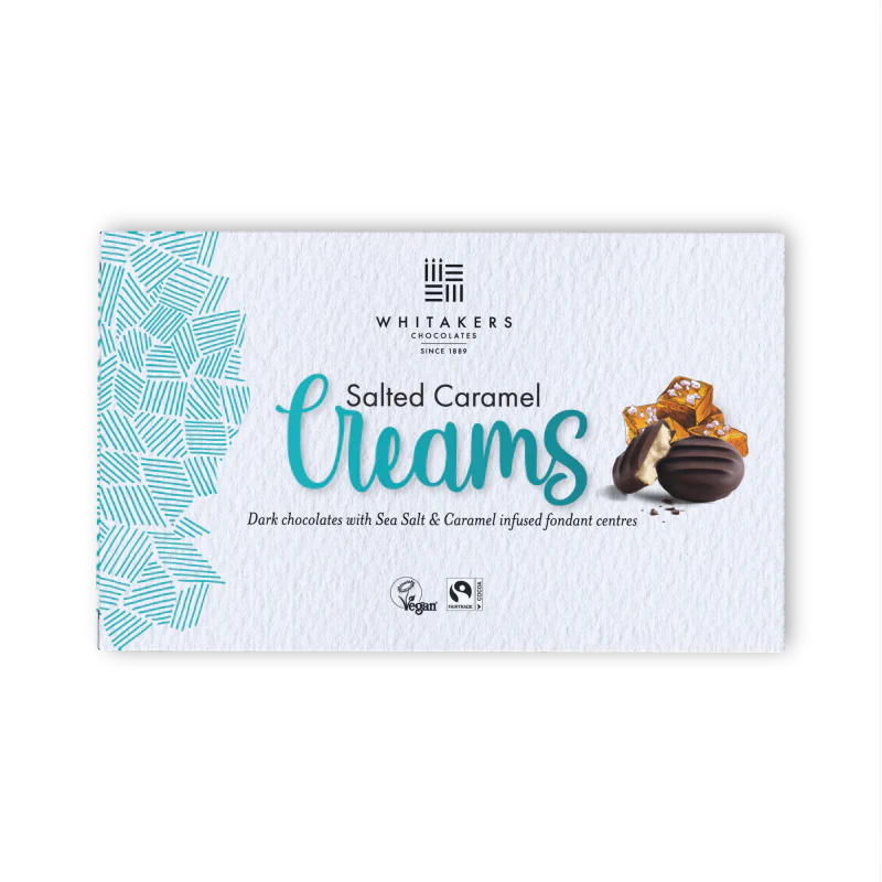 Whitaker's Salted Caramel Creams chocolate packaging on a white background