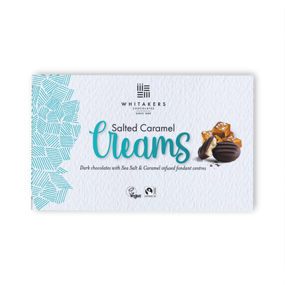 Whitaker's Salted Caramel Creams chocolate packaging on a white background