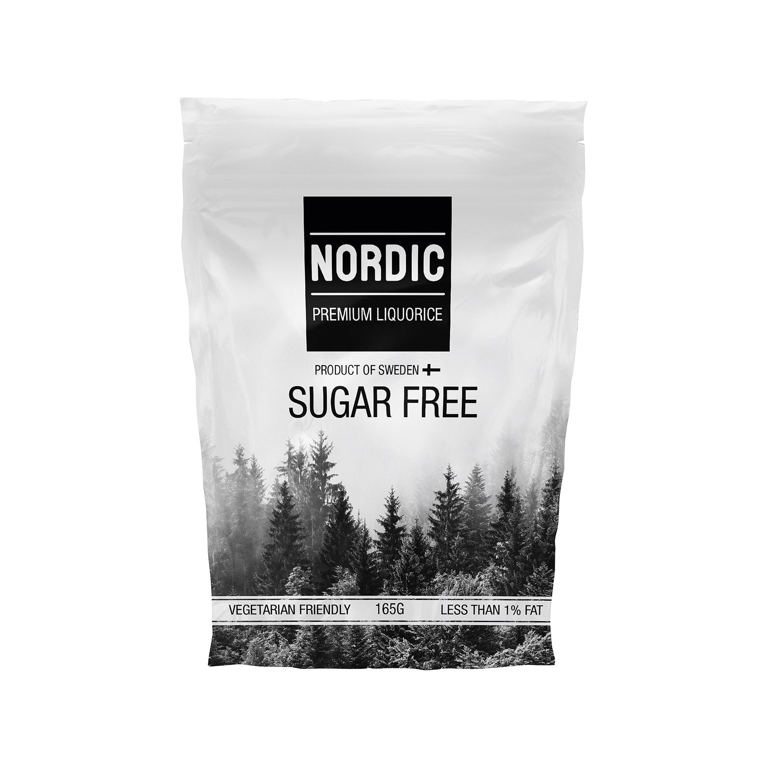 Nordic Premium Liquorice bag with a black and white forest design on a white background