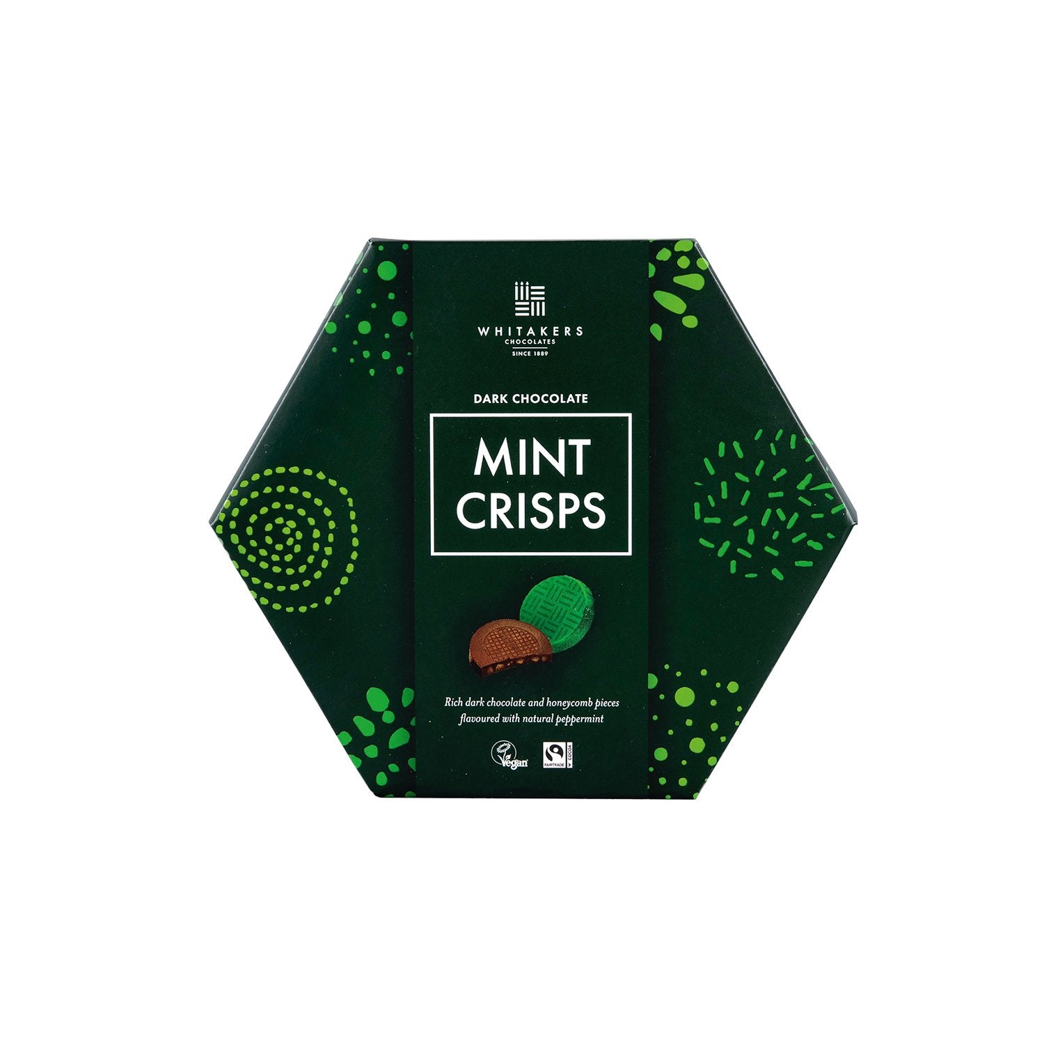 Hexagonal box of Whitaker's Dark Chocolate Mint Crisps on a white background