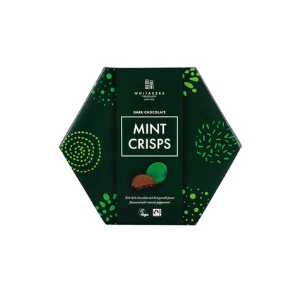Hexagonal box of Whitaker's Dark Chocolate Mint Crisps on a white background