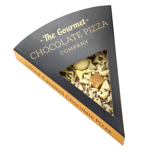 Triangular box of The Gourmet Chocolate Pizza Company with chocolate pieces visible