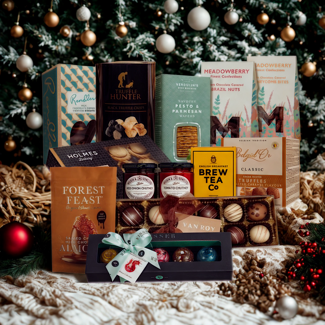 Assorted gourmet food products displayed in front of a Christmas tree.