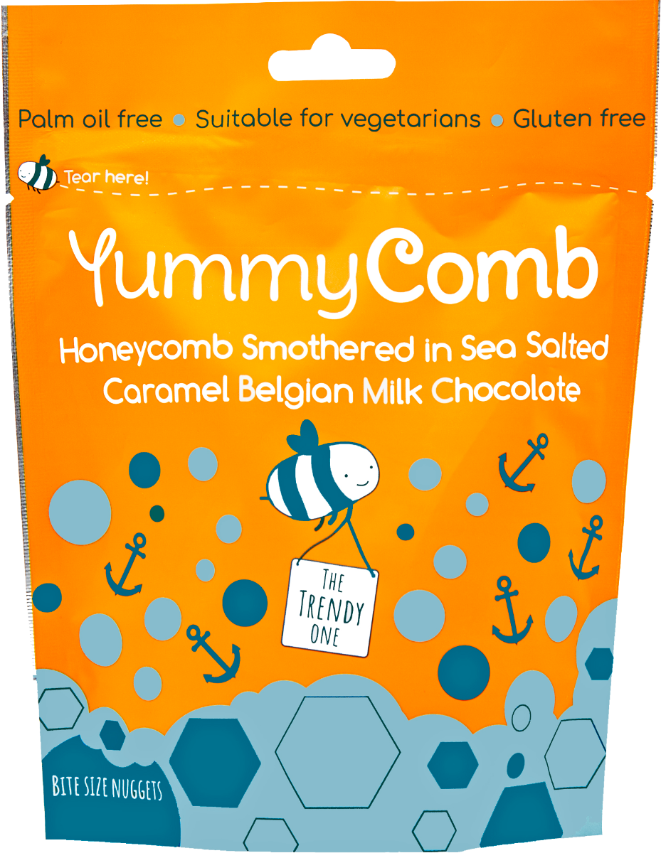Yummy Comb chocolate packaging with orange background and blue honeycomb design
