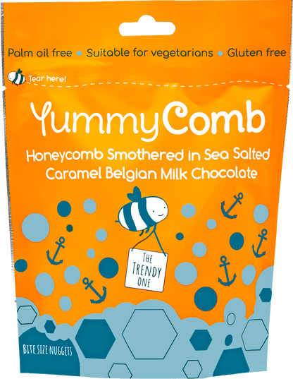 Yummy Comb chocolate packaging with orange background and blue honeycomb design